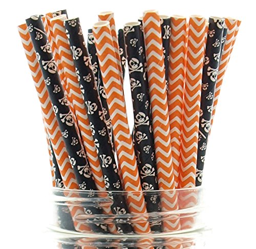 Halloween Skeleton And Chevron Party Straws (50 Pack) - Halloween Skeleton, Orange Chevron Party Pack Straws