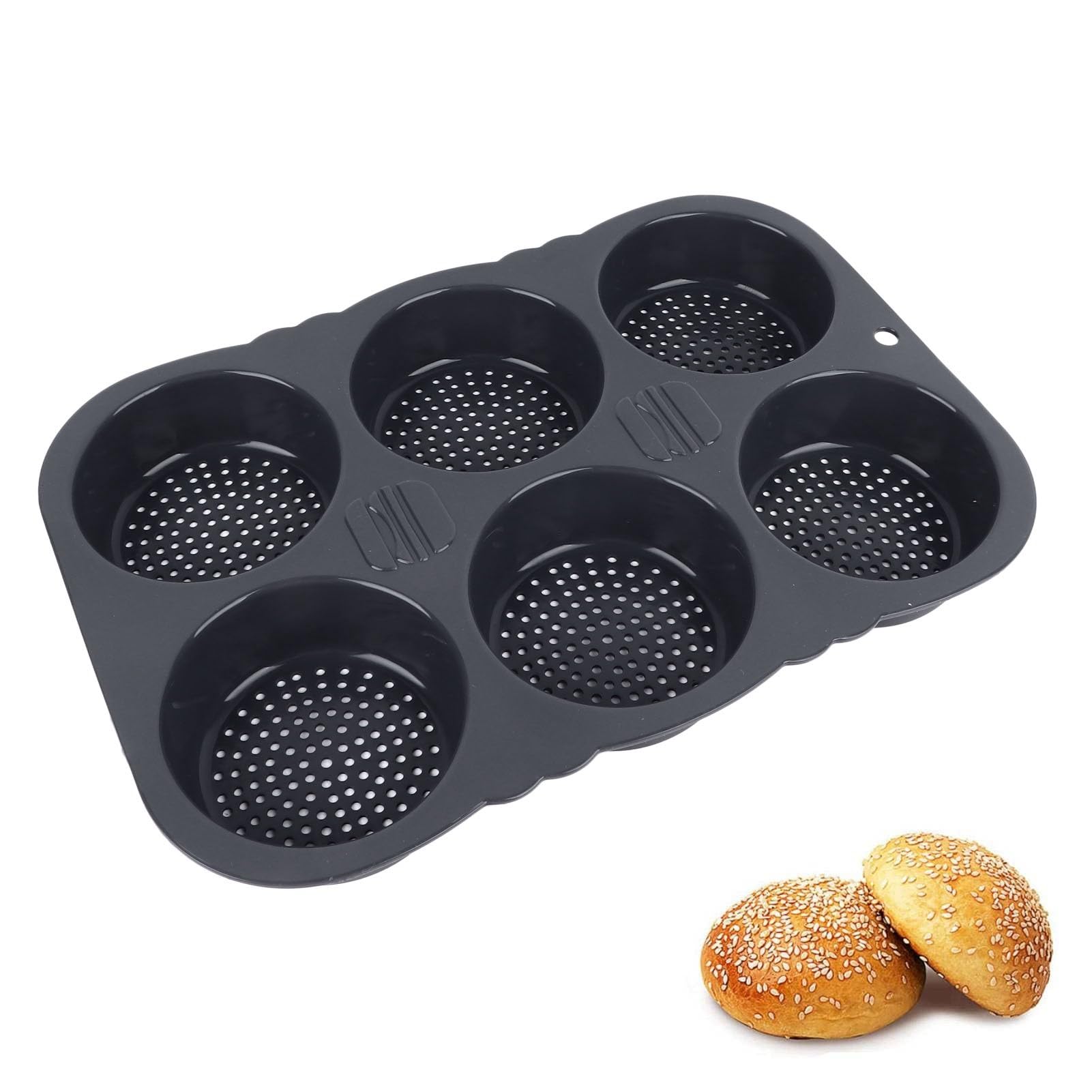 Segutage Silicone Hamburger Bread Mold, 6 Cavity Hamburger Bun Mould Kitchen Burger Bun Mold for Baking Burger Buns Homemade