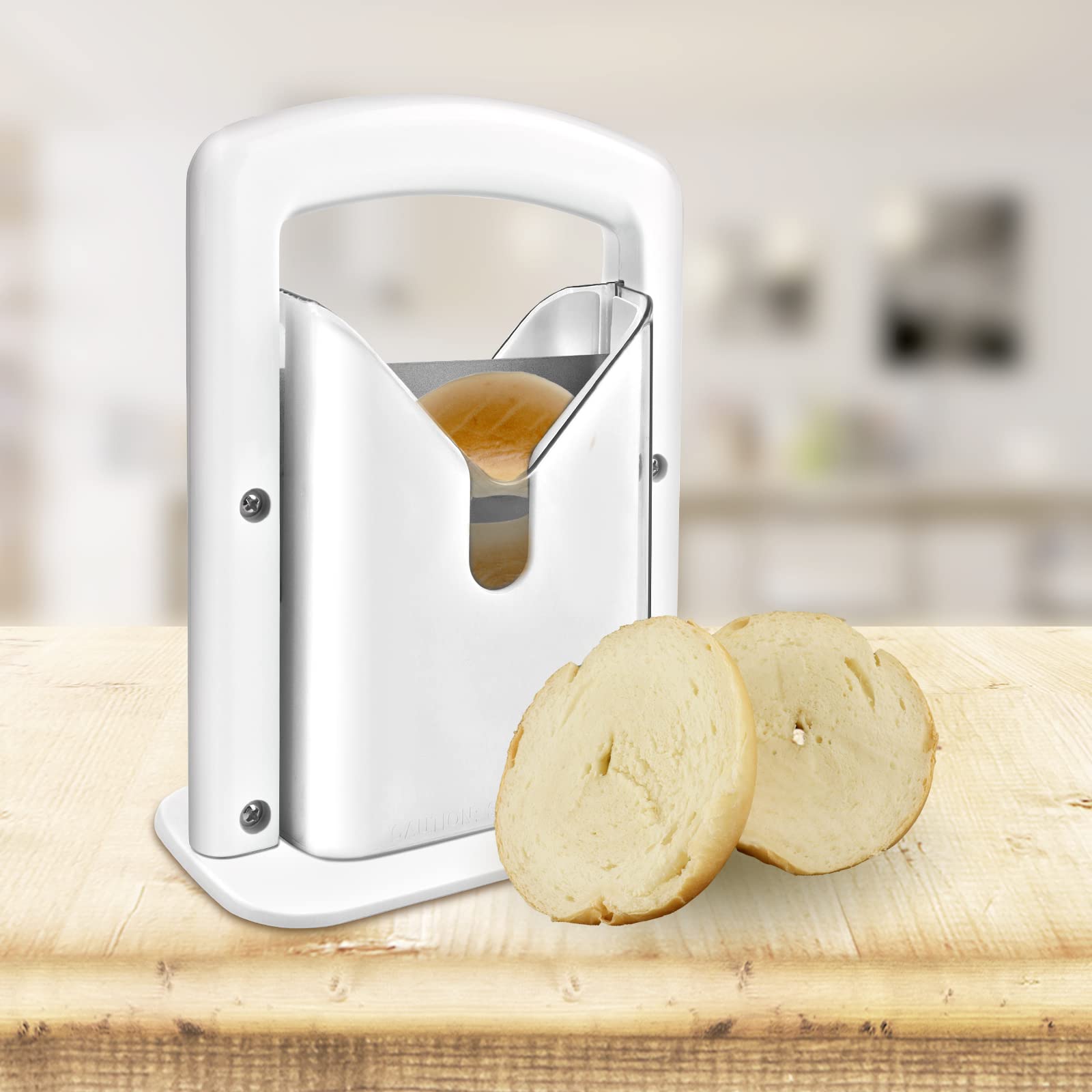 Bagel Slicer,Perfect For Bagels, Safe Grip, Guillotine Cutter, Safety Shield, Stainless Steel (White)