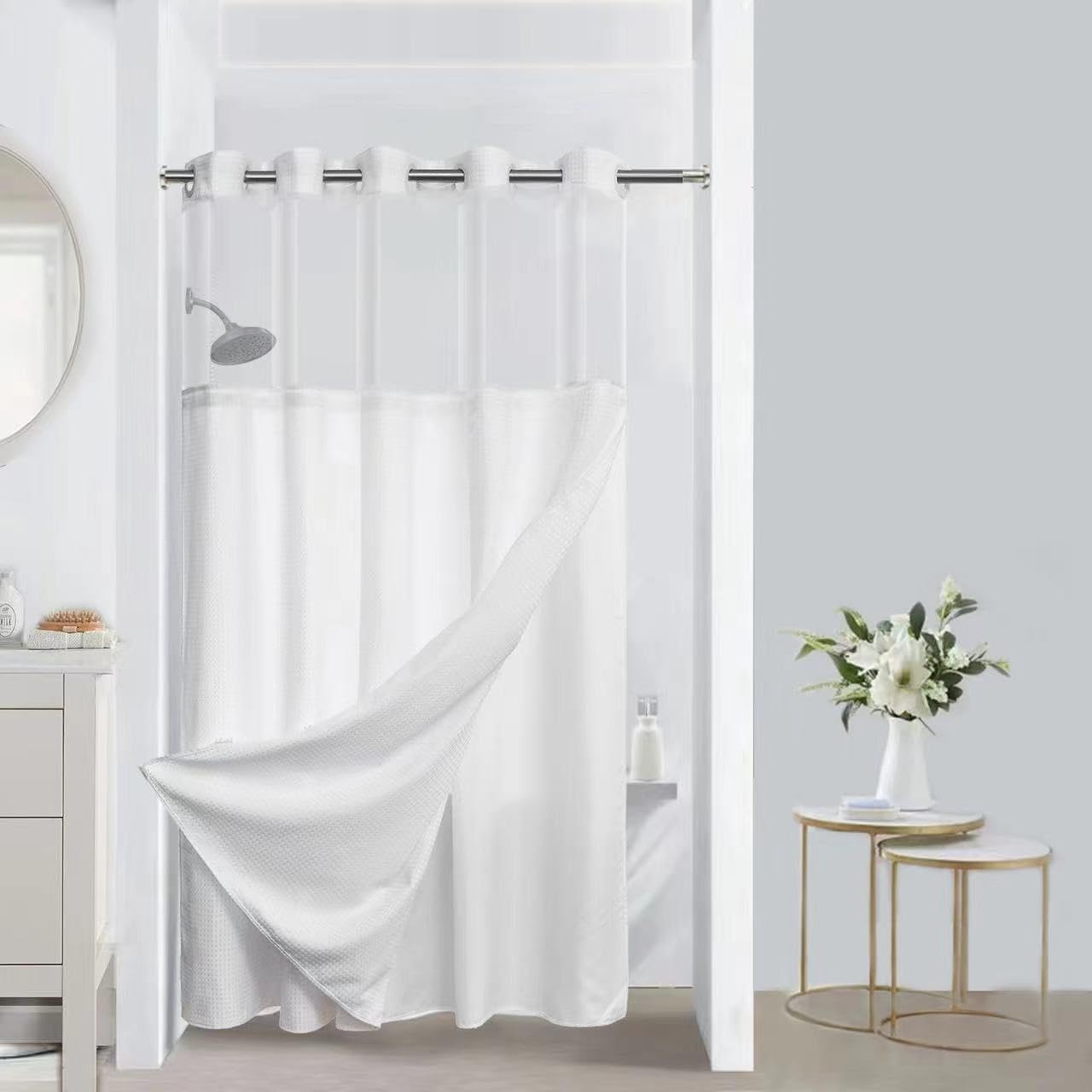 Cypl No Hooks Required Waffle Weave Shower Curtain With Snap In Liner-Hotel Grade Waterproof & Mesh Top Window Spa Like Small St