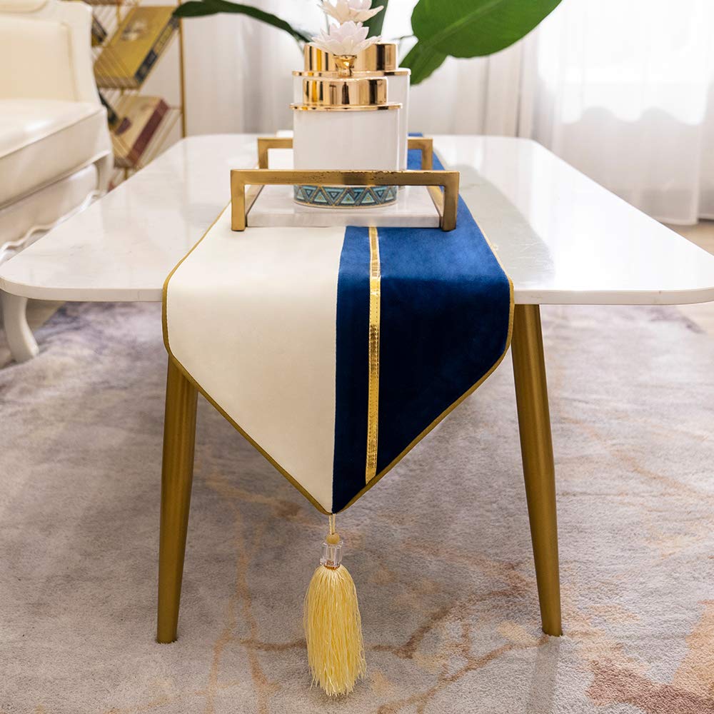Avigers 12 X 78 Inch Decorative Luxury Navy Blue White Gold Leather Striped Patchwork Velvet Table Runners With Tassels For Home