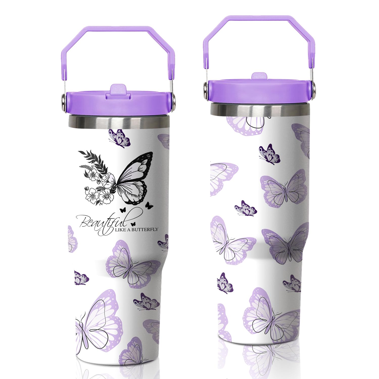 Xchearser Butterfly Tumbler with Handle and Flip Straw, 30oz Purple Travel Coffee Mug Water Bottle with Lid, Stainless Steel Ins