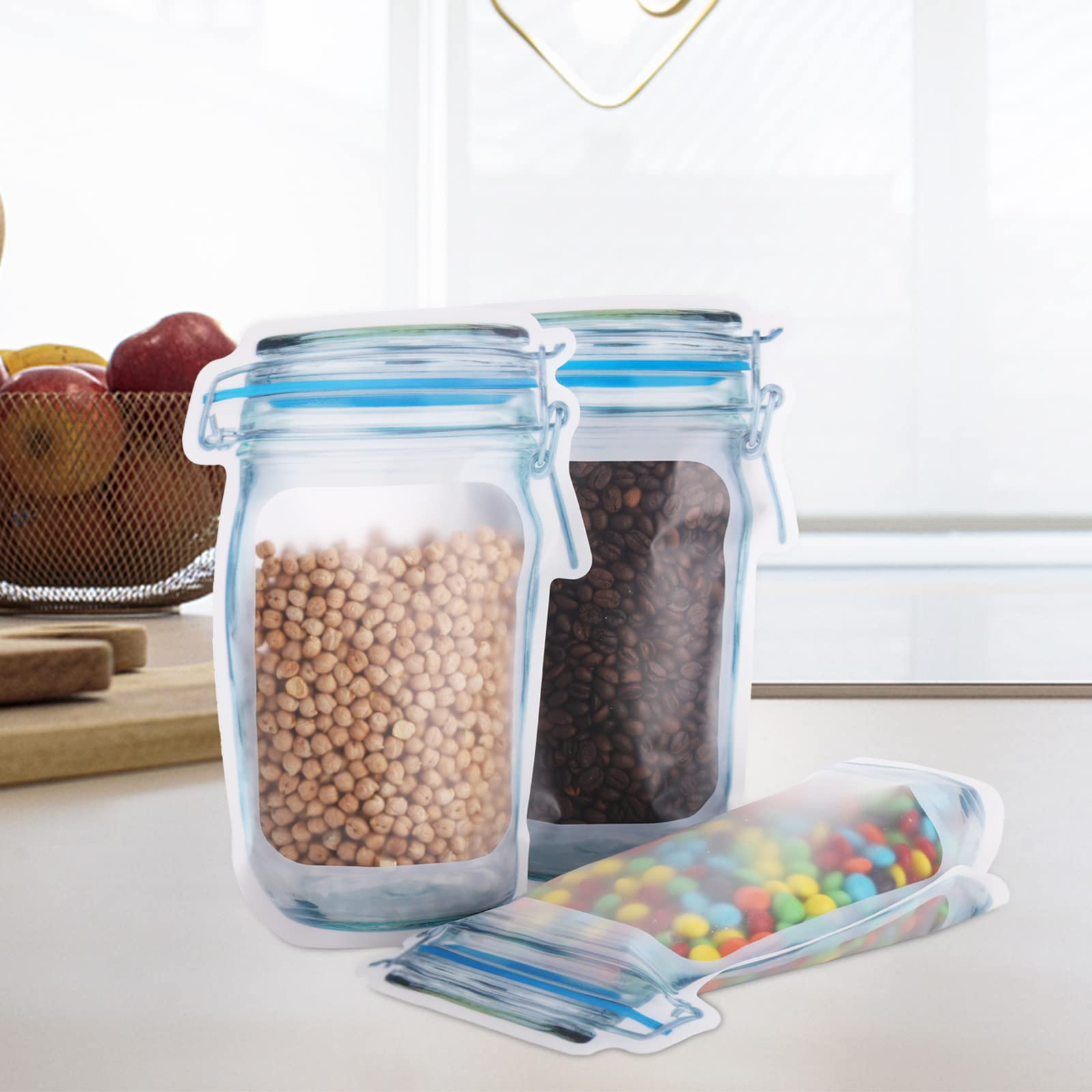 Jucoan Large Wide Mouth Mason Jar Zip Snack Bags, 50 Pack, Reusable, Clear Plastic, Airtight, Leakproof for Food Storage