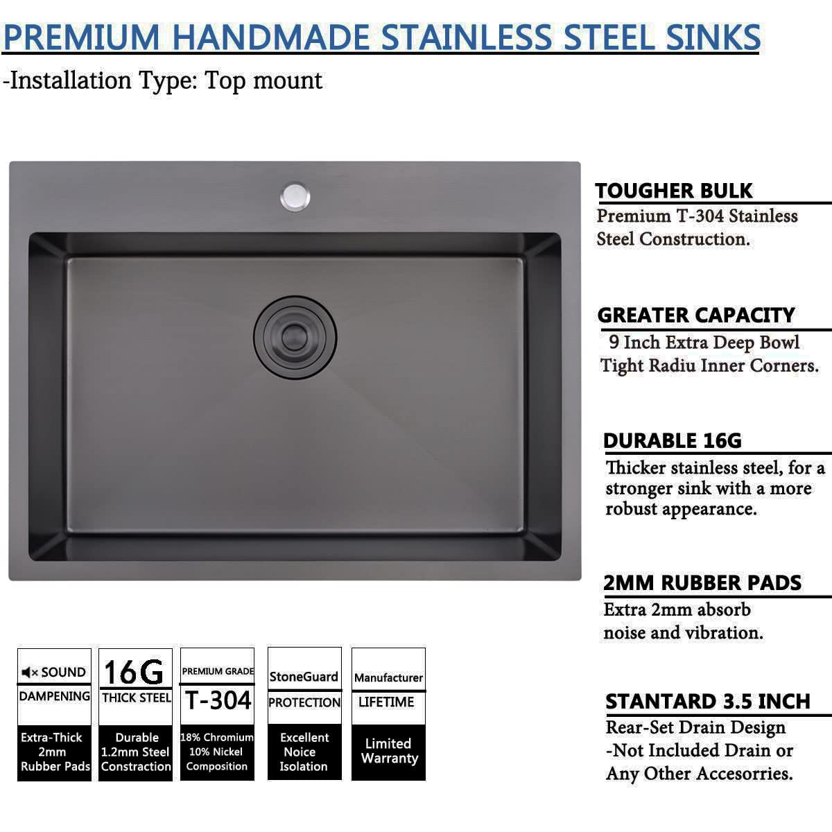 Shaco 28 Inch Black Drop In Stainless Steel Kitchen Sink, Gunmetal Black Top Mount Rv Laundry Utility Sink, 9 Inch Deep Single B