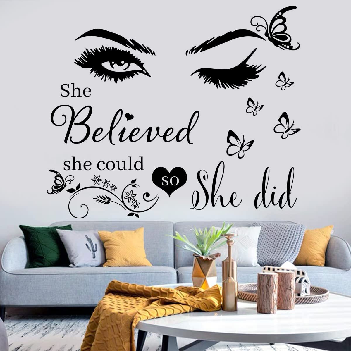 Wall Sticker Saying Vinyl Wall Decals Eyelash Eyes Inspirational Quotes She Believed She Could So She Did Wall Decal Butterfly Wall Stickers for Bedroom Living Room Classroom Office Girl Room Home Decor.