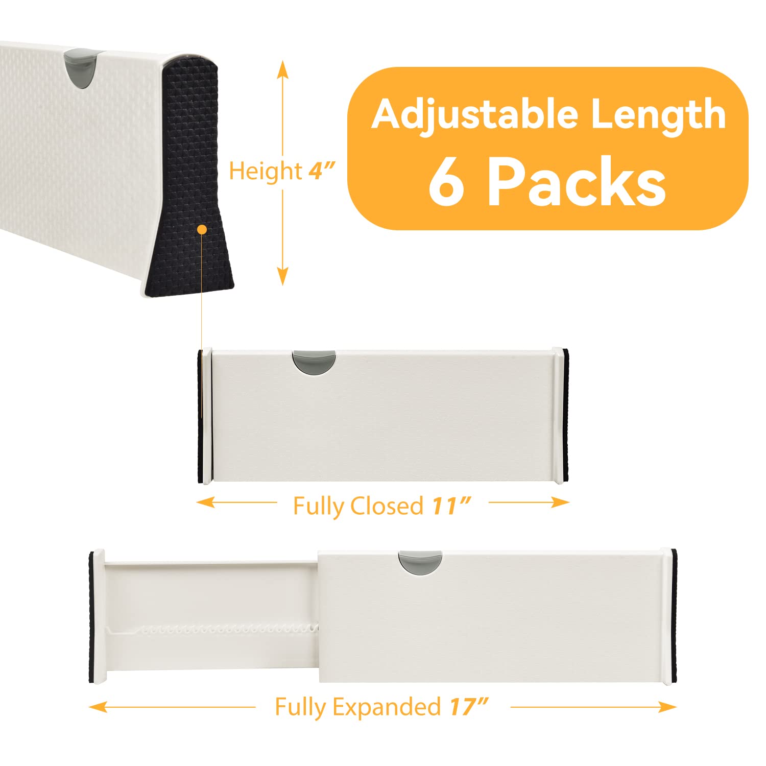 JONYJ Drawer Dividers Organizer 6 Pack, Adjustable Separators 4'' High Expandable from 11-17'' for Bedroom, Bathroom, Closet, Cl