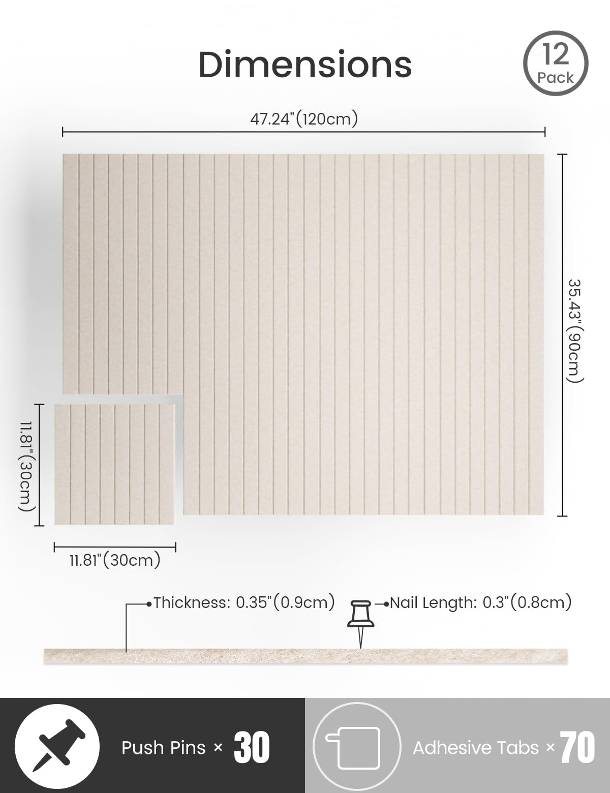 Bumusty Large Cork Board Alternative-47 x35 Felt Bulletin Board Tiles, with 30 Pushpins, 70 Adhesive Tabs, 12-Pack Slat Wall Pan