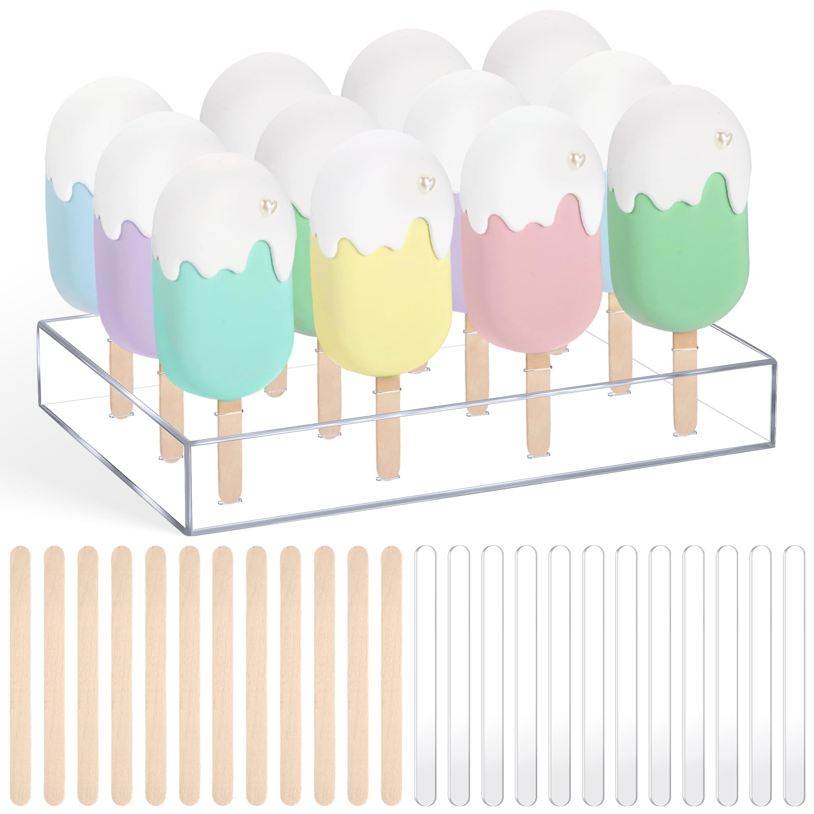 Gejoy Cakesicle Stand Display 12 Holes Acrylic Cake Pop Stand with 12 Pcs Reusable Acrylic Sticks and 50 Pcs Wooden Sticks Clear