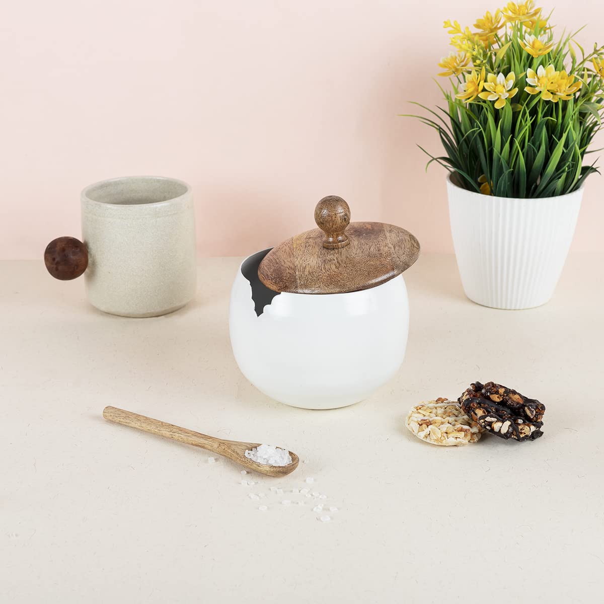 GoCraft Sugar Bowl with Wooden Lid and Spoon for Home and Kitchen  Drum Shape (Shiny White Finish)