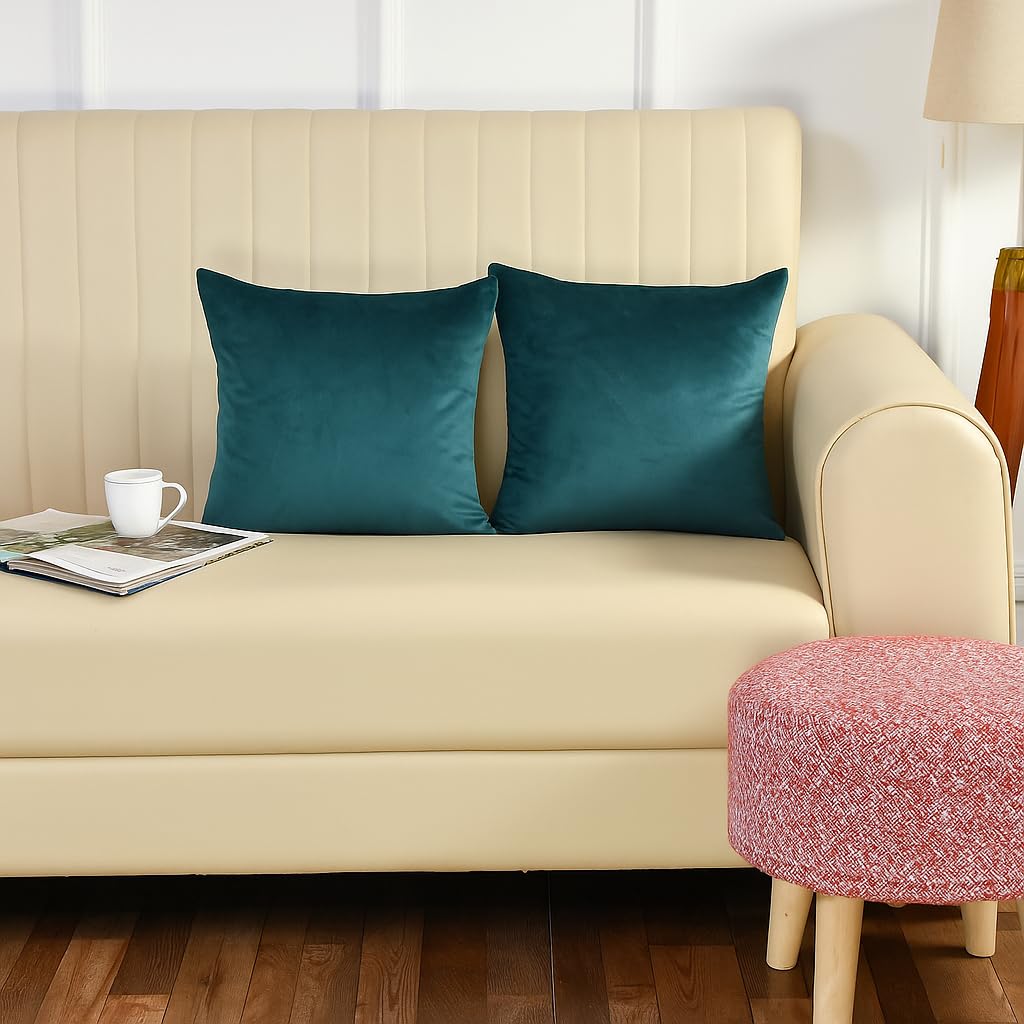 Stuffique Velvet Pillow Solid Plain 190 Tc Cushion Covers Pack Of 2 (16 X 16 Inch) Turquoise