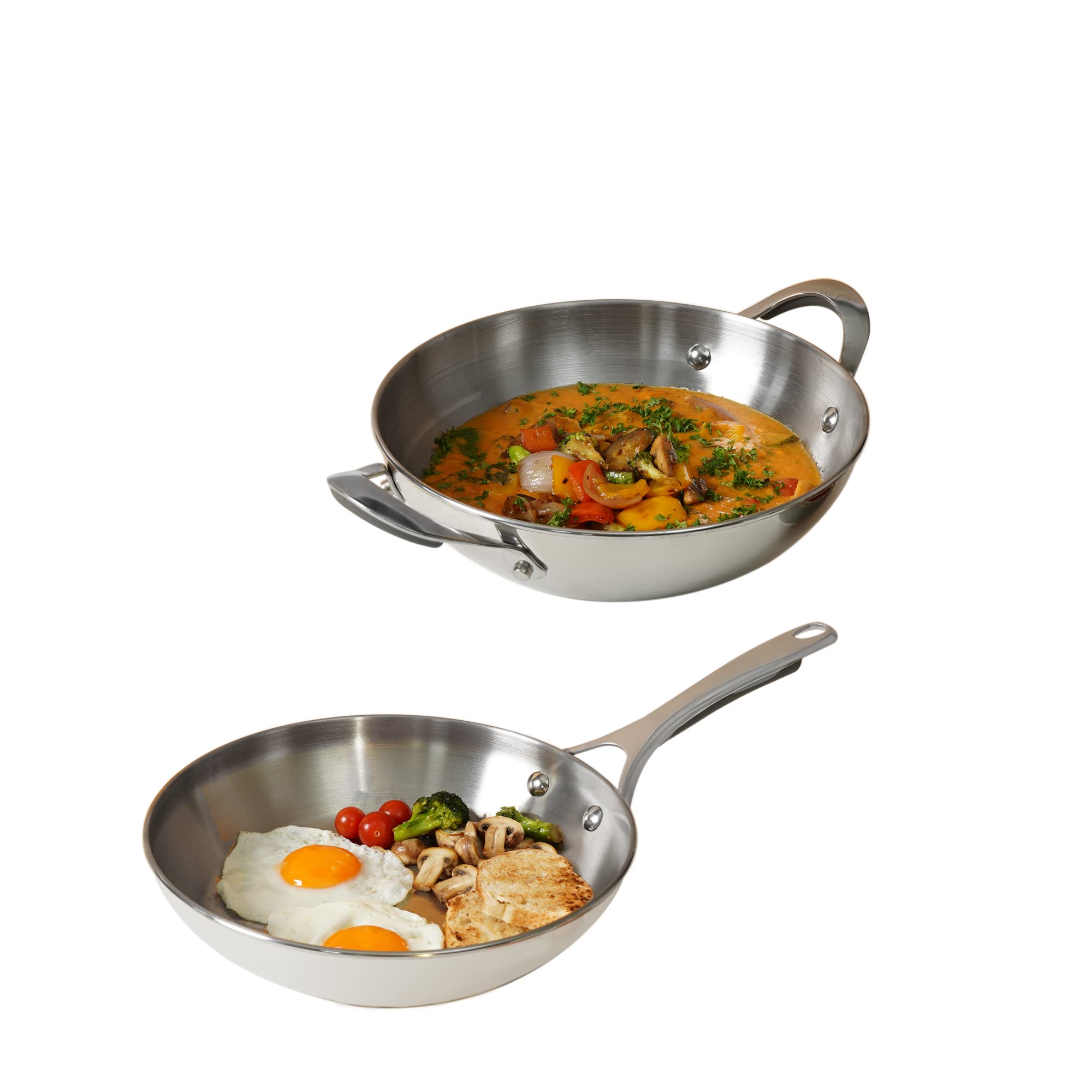 Meyer Select Nickel Free Stainless Steel 26Cm Frypan + 26Cm Kadhai/Wok 3-Piece Cookware Set With Interchangeable Lid (Induction 