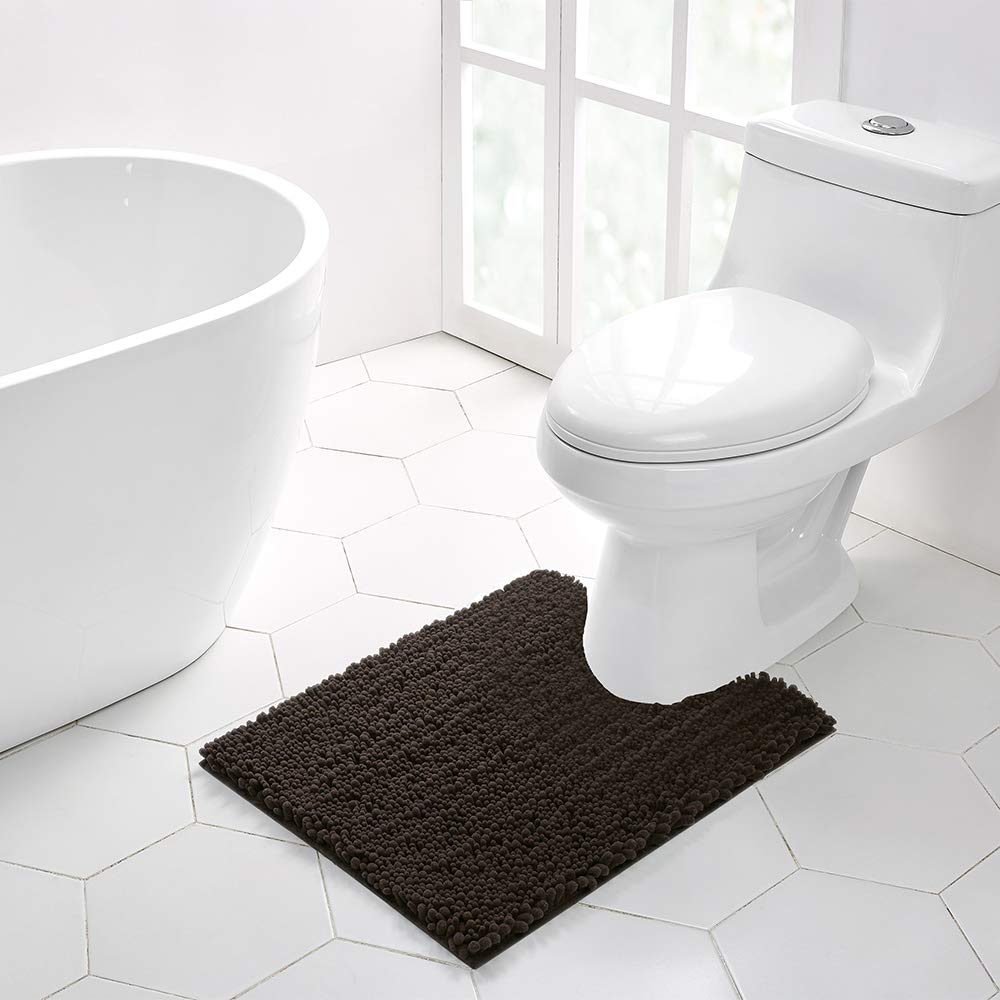 Walensee Bathroom Contour Rug Non Slip Toilet U Shaped Bath Mat (20X24, Brown) Water Absorbent Super Soft Shaggy Chenille Machin
