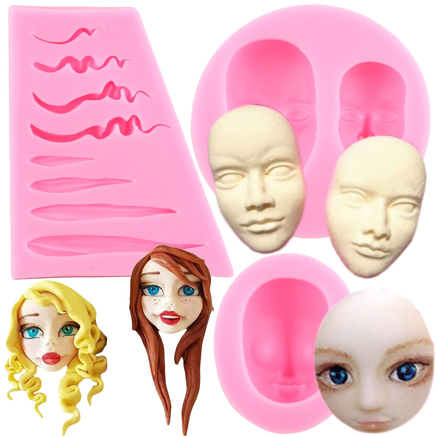Mujiang Human Face Silicone Molds Doll Hair Fondant Molds For Cake Decorating Polymer Clay Candy Chocolate Gum Paste Set Of 3