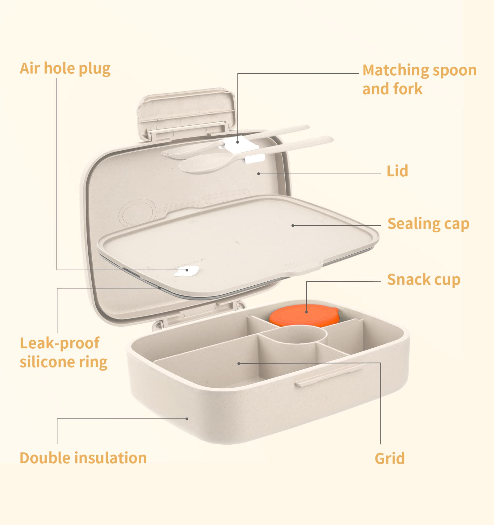 Andmoon Bento Lunch Box With Kids/Adults, 5 Compartments Leakproof Lunch Container With Dressing Cup, Eco-Friendly Double Insula