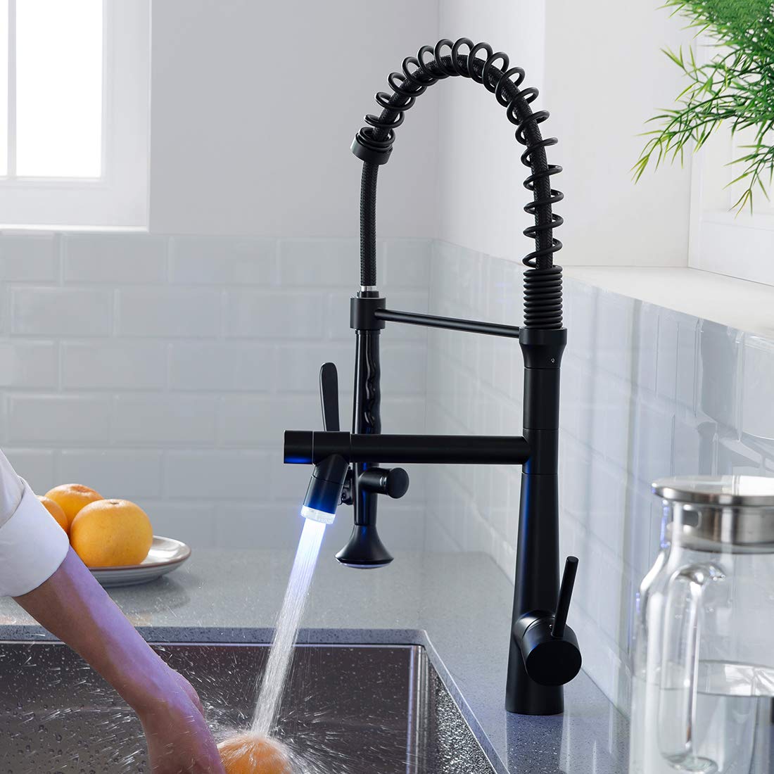 AIMADI Black Kitchen Faucet with Sprayer - Commercial Faucet Kitchen Single Handle Spring Pull Down Kitchen Sink Faucet with LED Light Matte Black