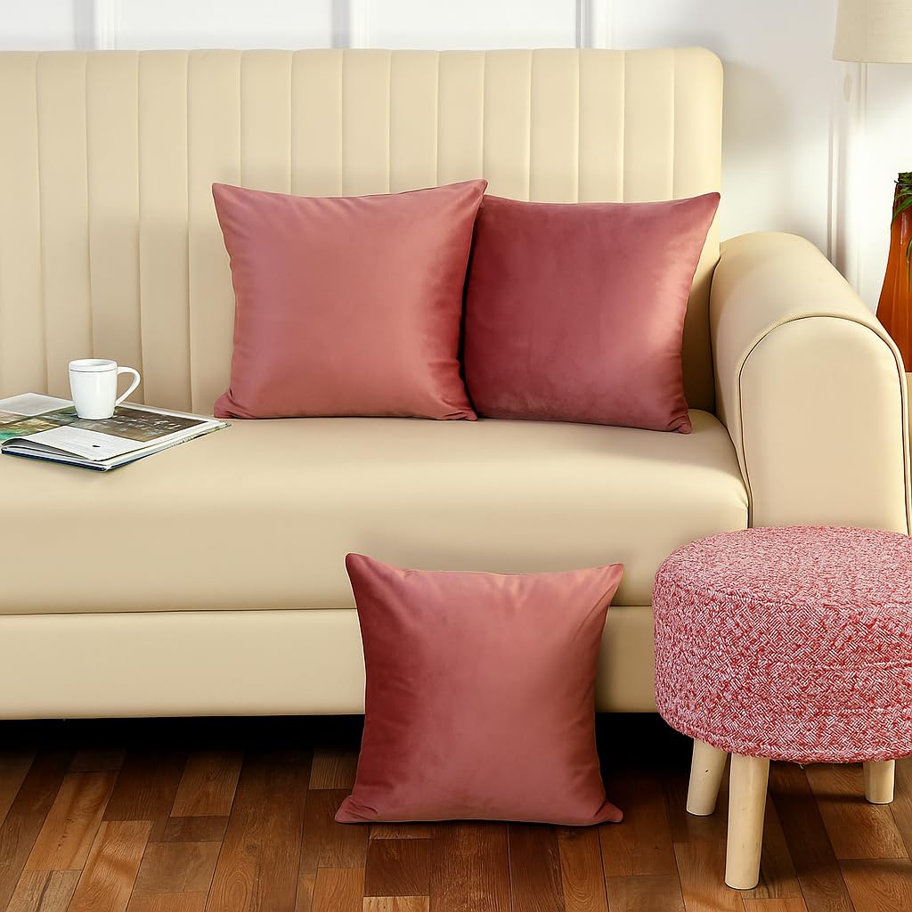 Stuffique Velvet Pillow Solid Plain 190 Tc Cushion Covers Pack Of 3 (16 X 16 Inch) Rose