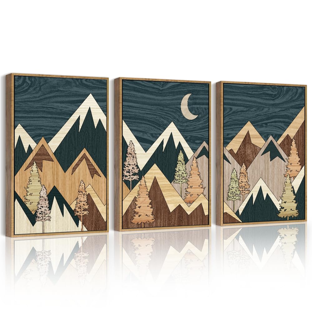 Phopago Blue Morden Mountains Framed Wall Art Boho Woodcut Pine Tree Forest Nature Landscape Artwork Farmhouse Rustic Home Decor
