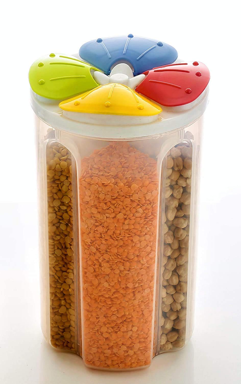 Big Cart 4 Sections Air Tight Transparent Food Plastic Storage Container For Kitchen, Grain, Cereal (1500 Ml Each, Colour May Va