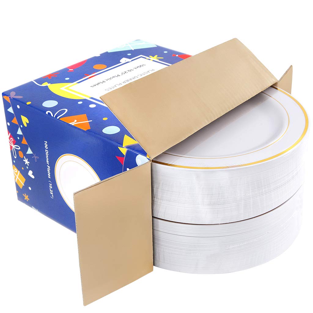 Bucla 100Pieces Gold Plastic Dinner Plates - 10.25Inch Gold Plates Disposable For Party - White And Gold Plastic Plates - Ideal