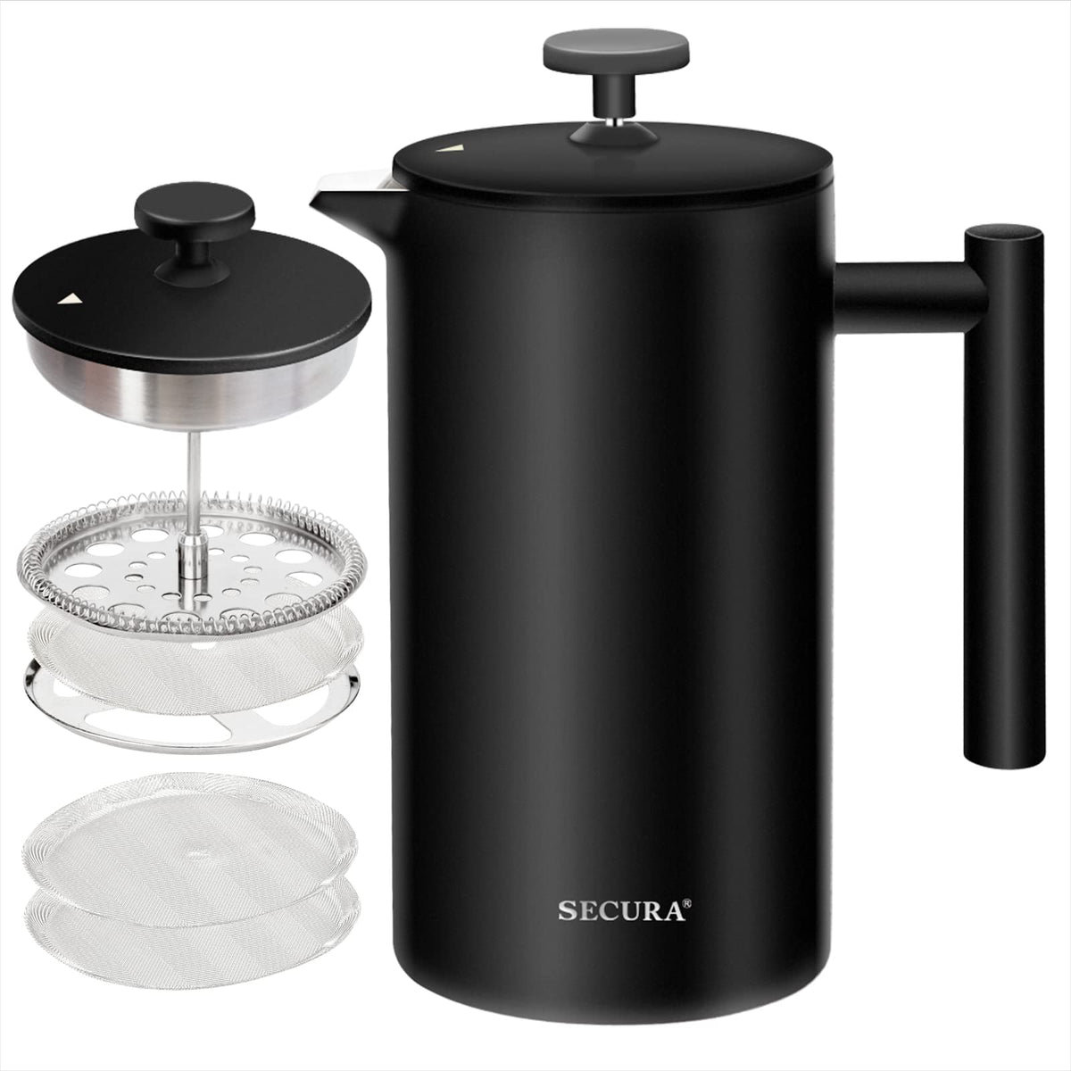 Secura French Press Coffee Maker, Double-Wall 304 Grade Stainless Steel Coffee Press With 2 Extra Screens, 34Oz (1L), Black