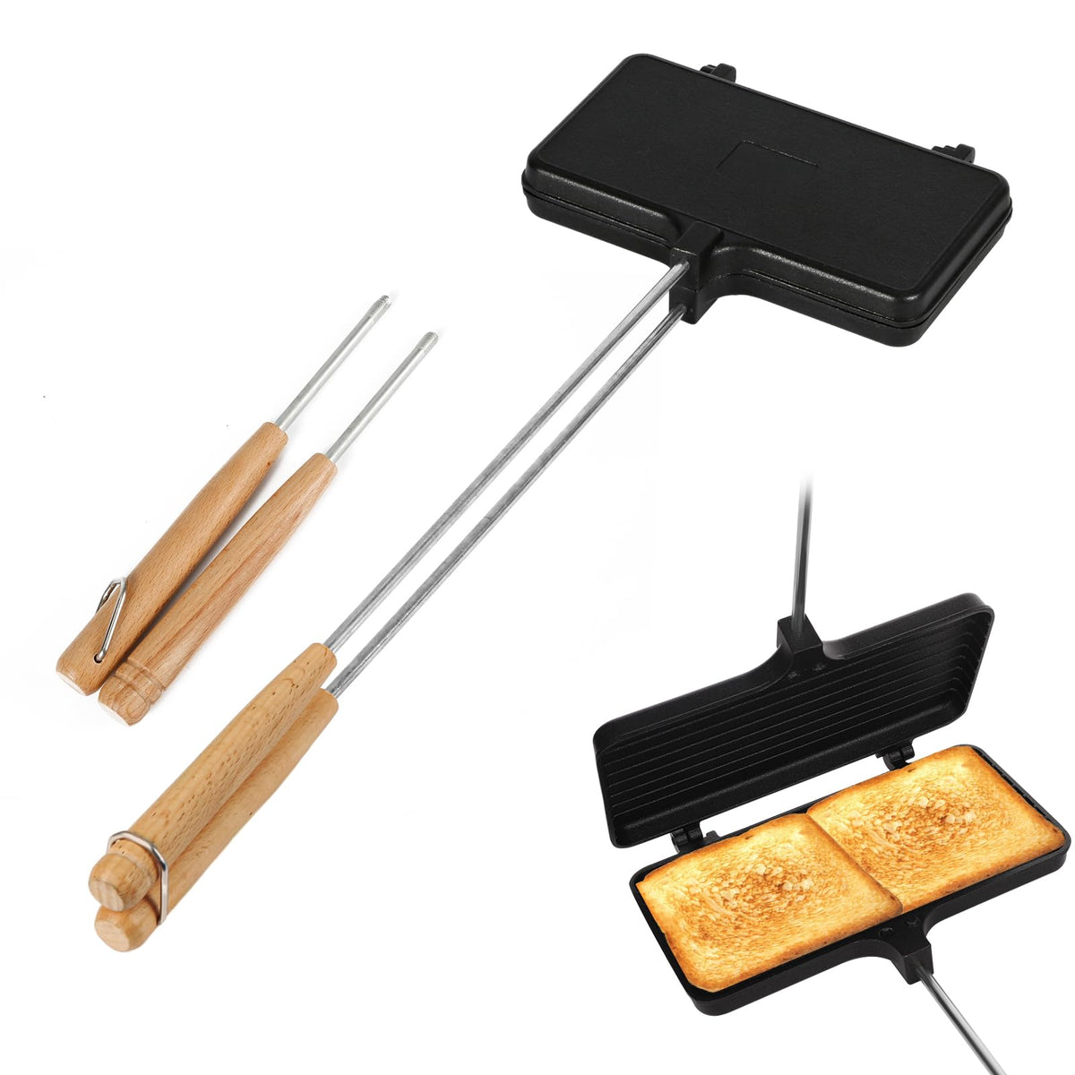 Peutier Double Pie Irons, Non-Stick Pie Irons For Camping Iron With 4 Removable Handles Portable Campfire Sandwich Maker Mountai