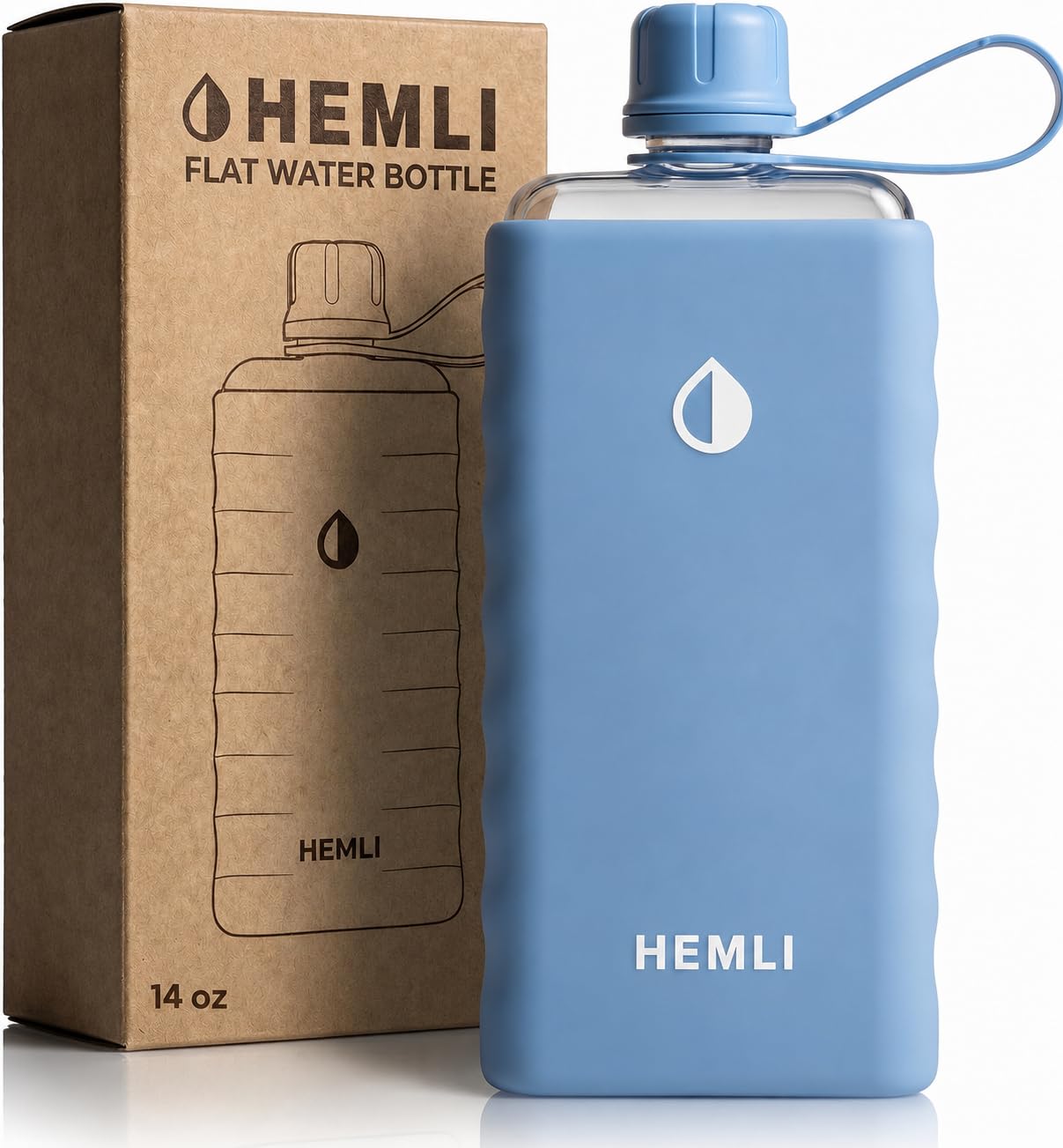 Hemli Tritan Flat Water Bottle with SIlicone Case, Square Water Bottle For Travel, Bags, and Purses, Slim Lightweight Leakproof 