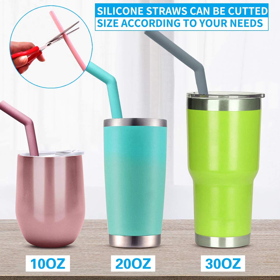 Set Of 10 Large Reusable Silicone Straws Pink Thick Smoothie Silicone Drinking Straws Kids With Cleaning Brushes- Extra Long Fle