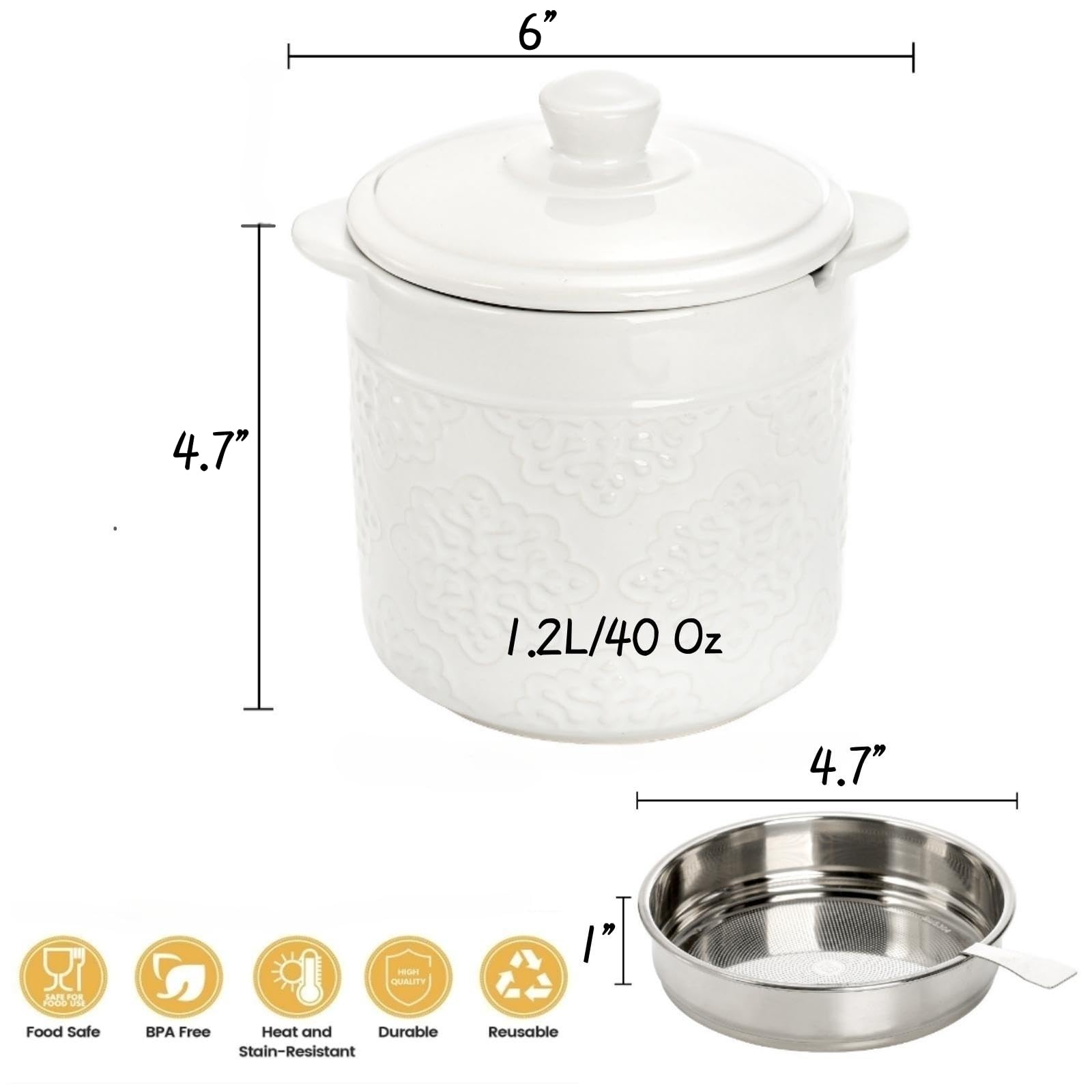 Lyellfe Ceramic Bacon Grease Container, 1.2L/40 Oz Oil Filter Pot With Strainer, White Carved Cooking Oil Container For Fat Fryi