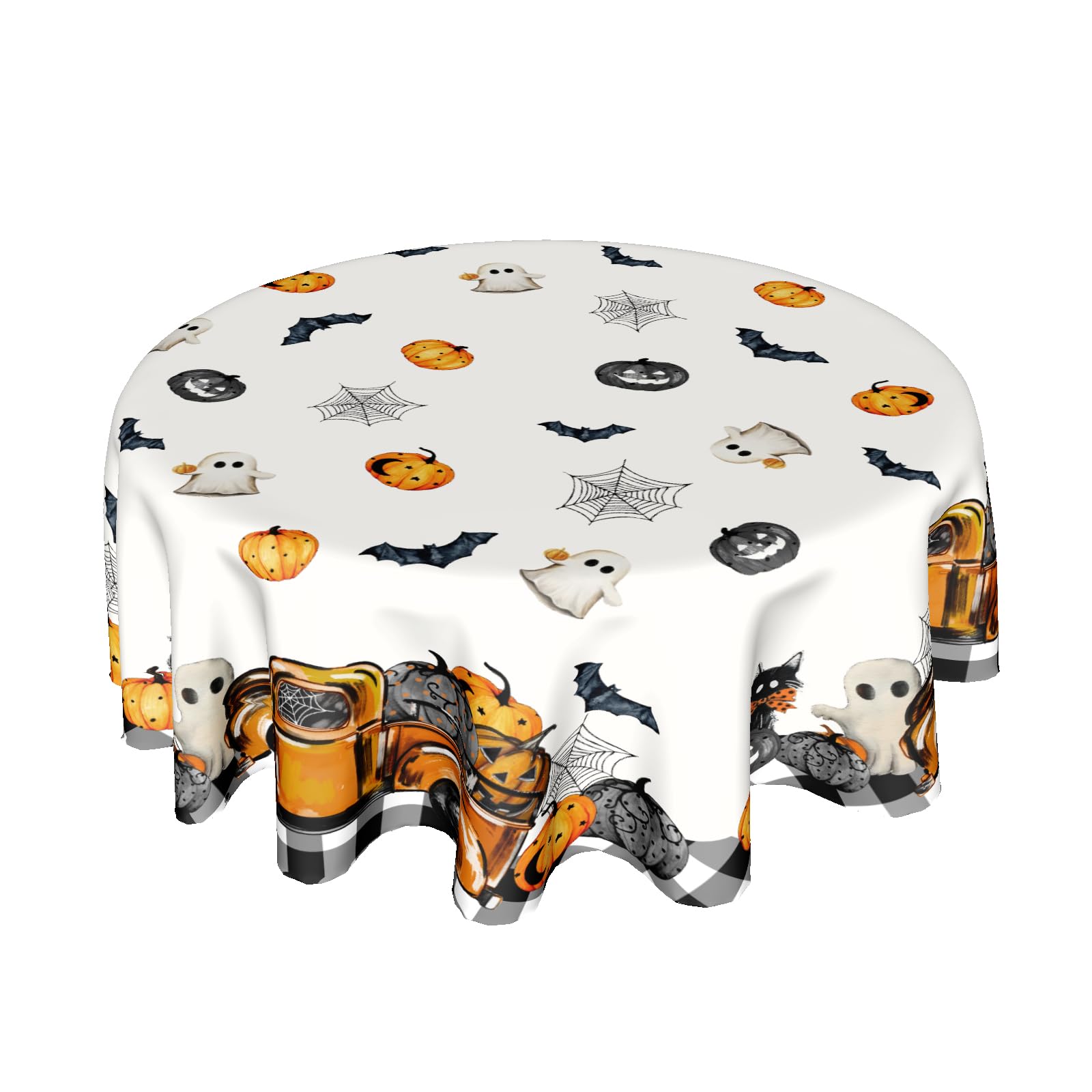 Kawani Halloween Tablecloths Round Halloween Truck Table Cloths 60 Inch Halloween Pumpkins Table Cloth Ghost Theme Spooky Tablec