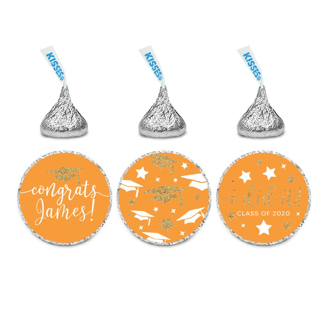 Andaz Press Orange And Gold Glittering Graduation Party Collection, Personalized Chocolate Drop Label Stickers Trio, 216-Pack, C