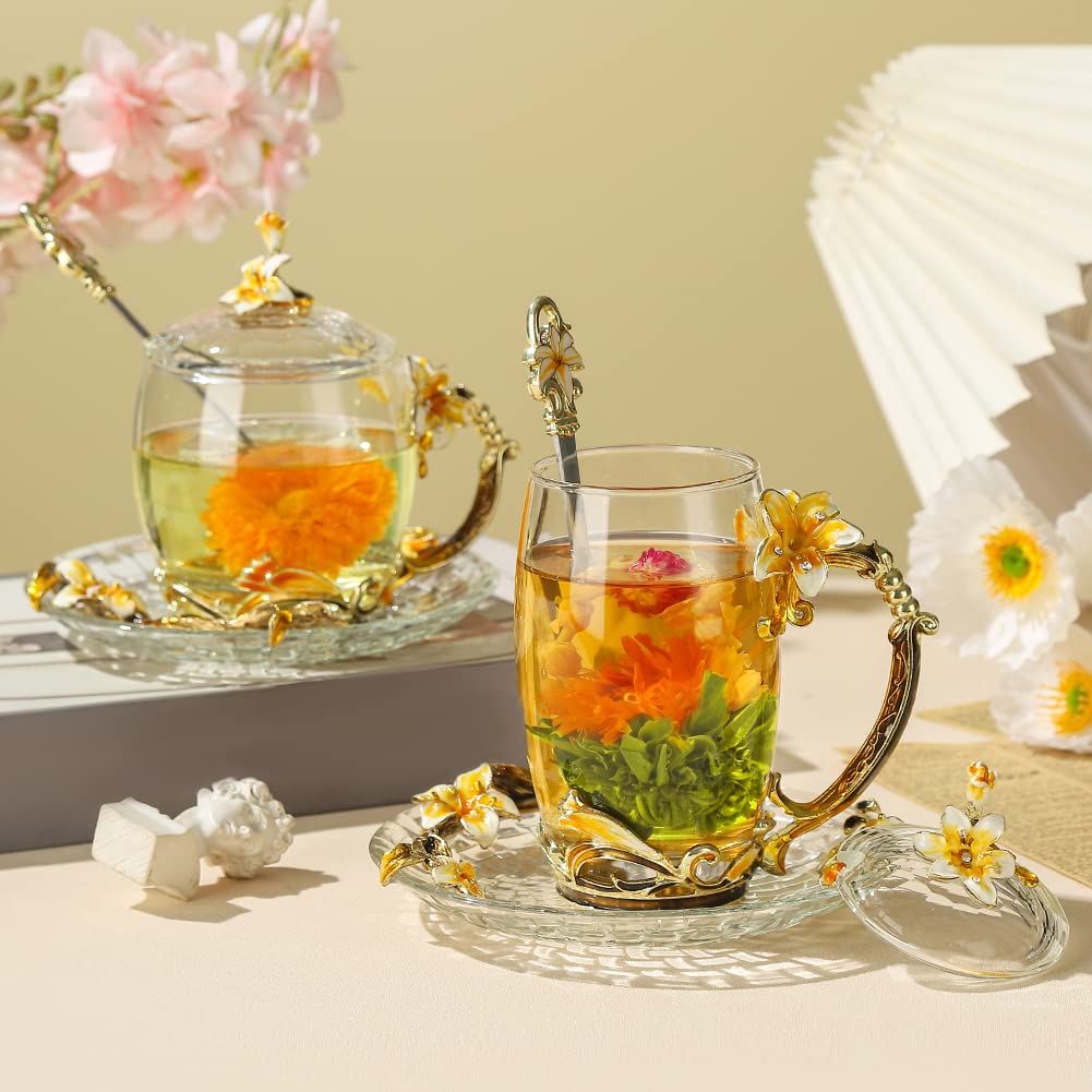 Lantree Fancy Tea Cups With Lid Mother'S Day Cup Gift Lily Glass Coffee Mug With Spoon Birthday Gift For Tea Lover Novely Cup Ho