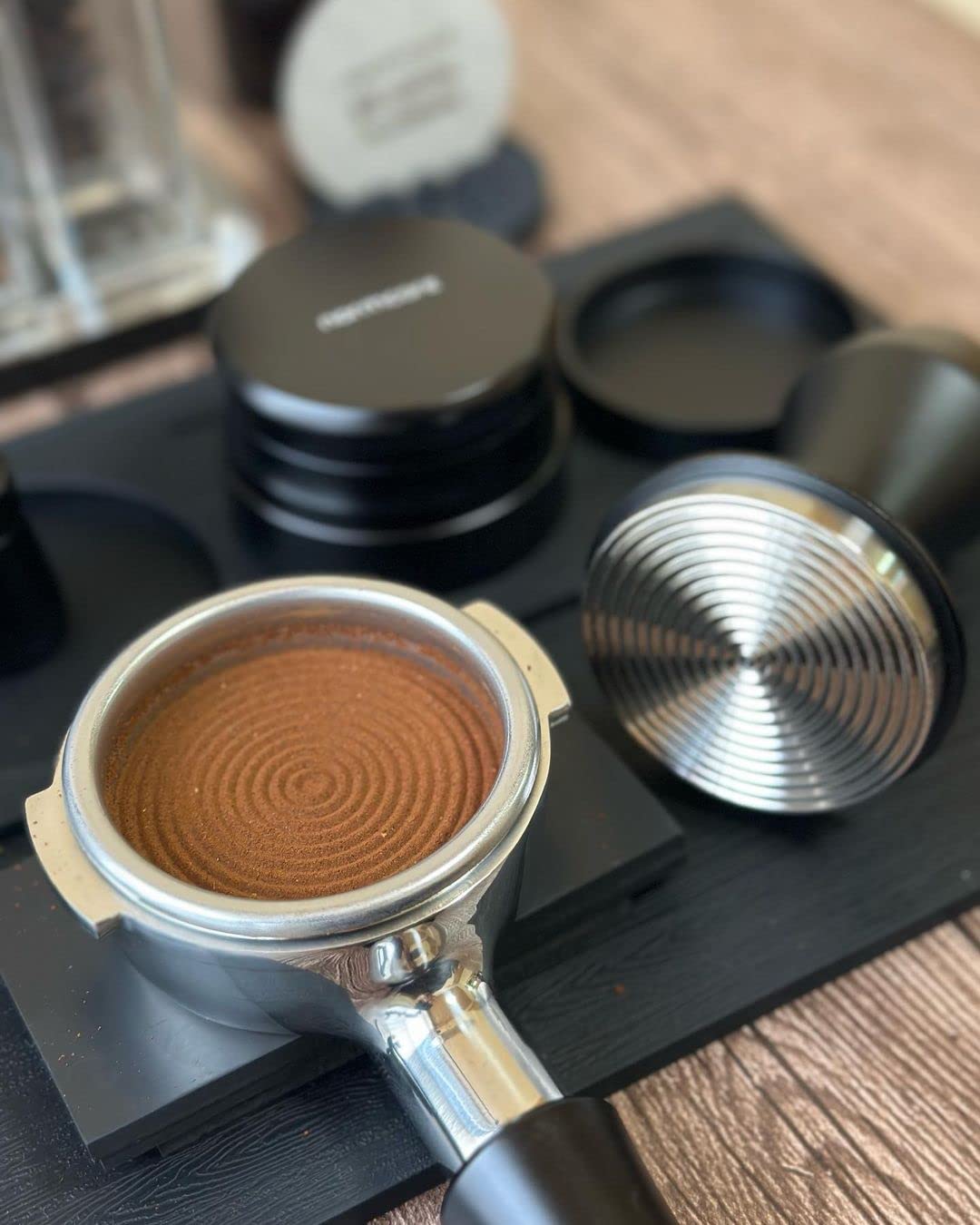 Normcore 58.5mm Espresso Coffee Tamper V4 - Spring Loaded Tamper With Stainless Steel Ripple Base - 15lb / 25lb / 30lbs Replacement Springs - Anodized Aluminum Handle and Stand