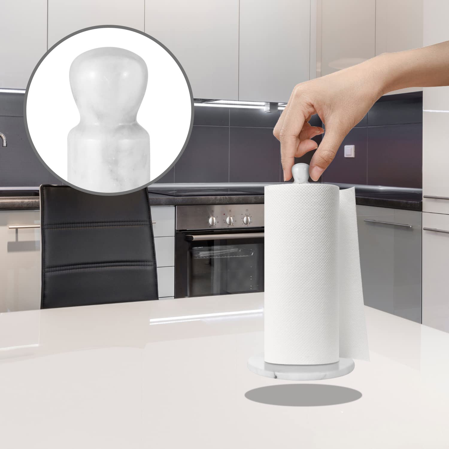 Flexzion Paper Towel Holders - 14 Inch, Kitchen Roll Dispenser Stand Rack/W 6'' Marble Weight Base And Natural Acacia Wood Stick