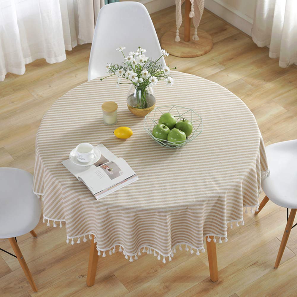 Amzali Stripe Tassel Tablecloth Cotton Linen Table Cloth Stain Resistant Dust-Proof Table Cover For Kitchen Dinning Tabletop Hom