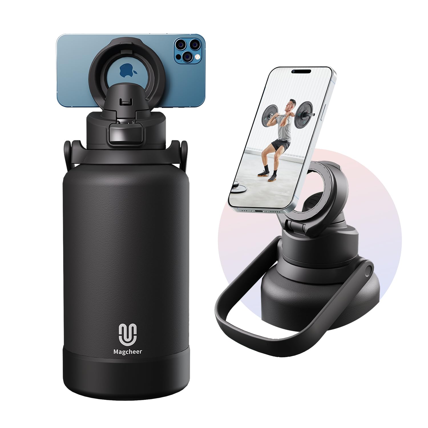 64oz Insulated Magnetic Water Bottle - Stainless Steel Vacuum Flask with MagSafe Compatible Phone Holder Keeps Drinks Cold for 2
