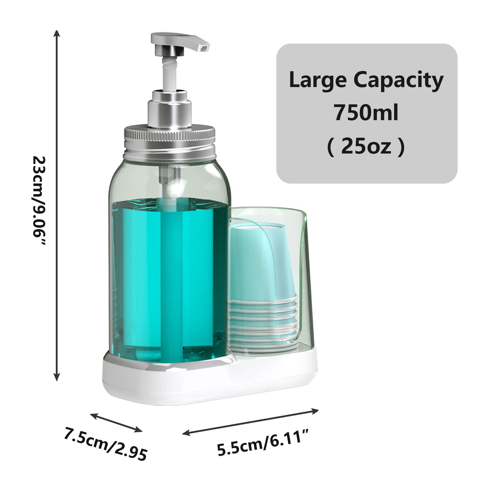 Luvan Mouthwash Dispenser For Bathroom, 25Oz Mouthwash Pump Bottle With Cup Holder, Refillable Clear Blue Mouth Wash Container F