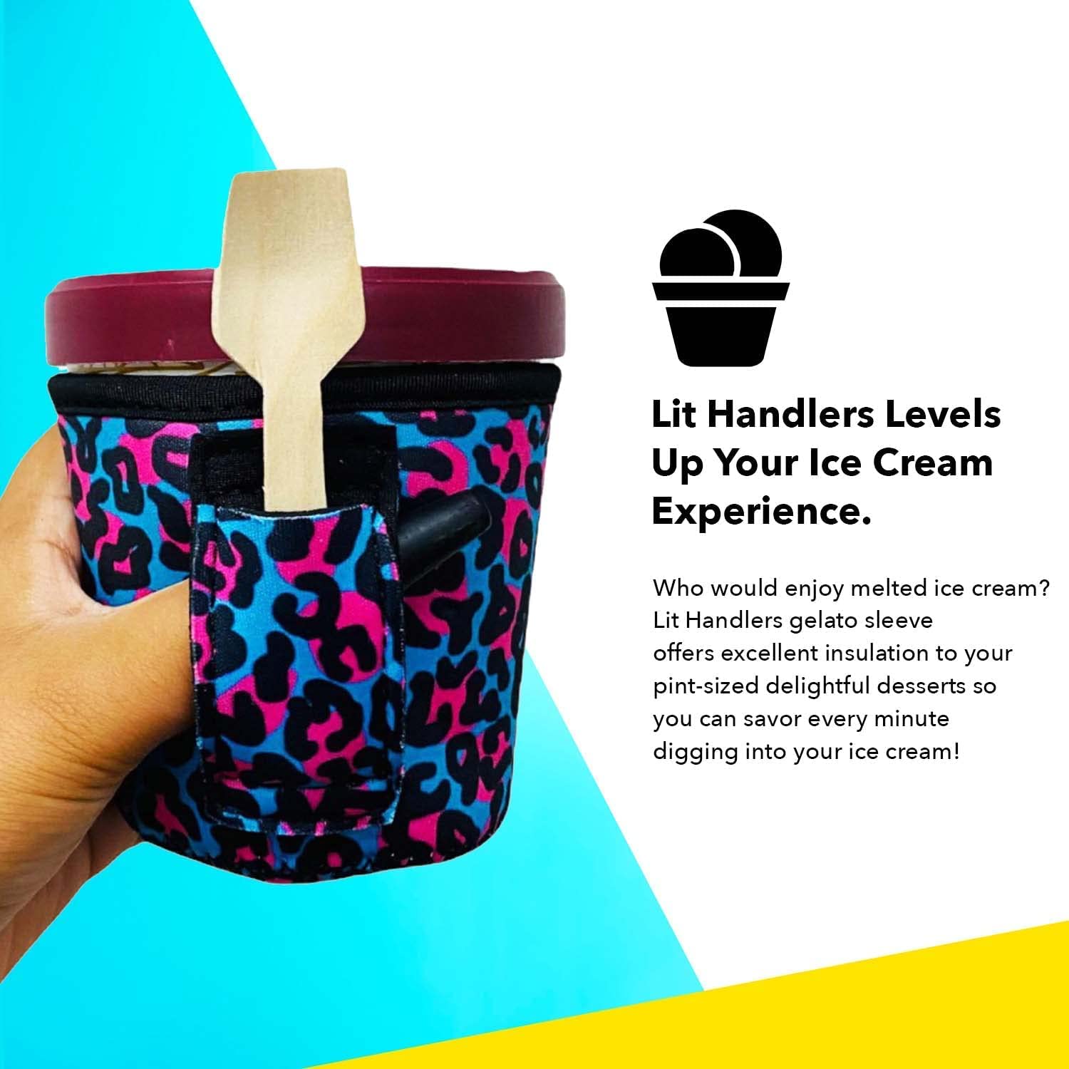 Lit Handlers Ice Cream Cooler Sleeve - Neoprene Ice Cream Pint Holder with Handle & Pocket - Tear Resistant Cooler & Container - Machine Washable & Leak Proof Cup Cover for Yogurt(Black Out USA Flag)