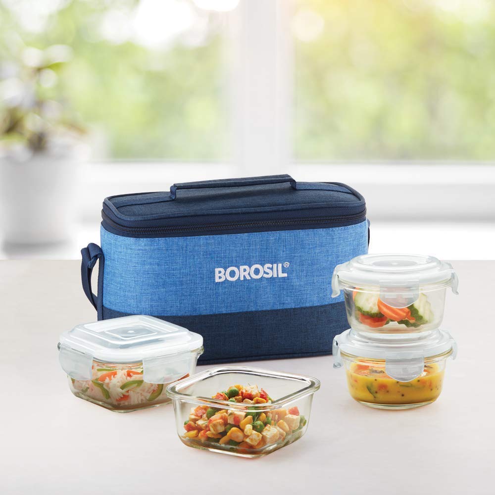 Borosil Prime Universal Glass Microwave Safe Lunch Box (320 ml Sq. + 240 ml Round, Transparent) - Set of 4