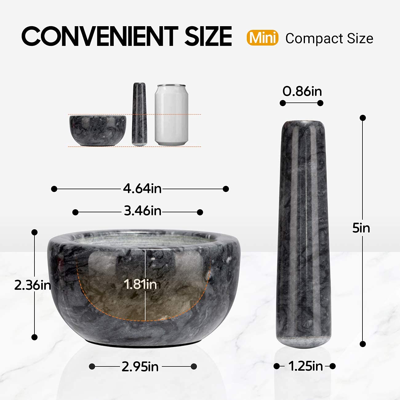 Tera Marble Mortar And Pestle Set Small Bowl Solid Stone Grinder Spice Herb Grinder Pill Crusher (Black, Diameter 4.64'')