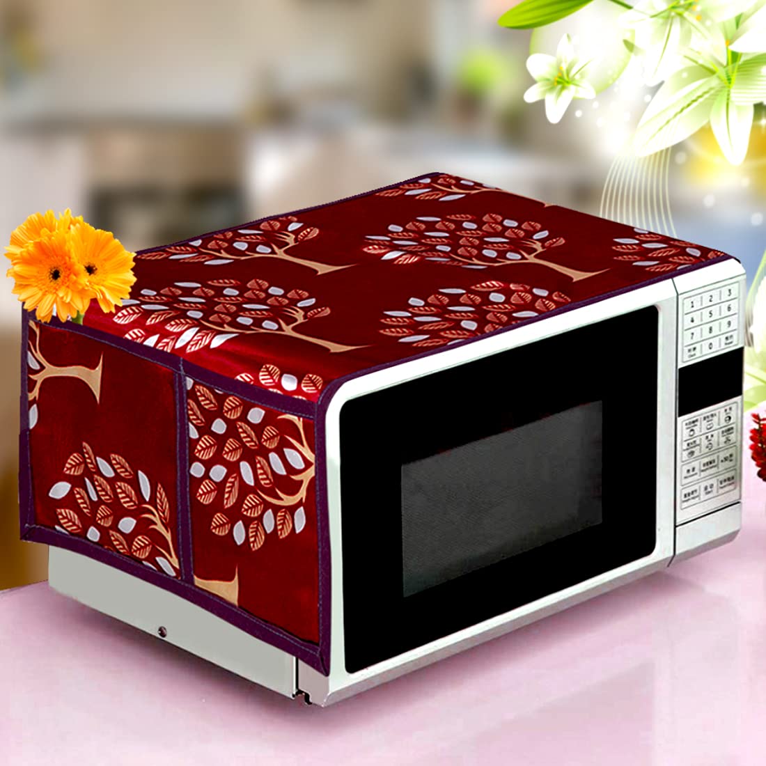 Kanushi Industries Microwave/Oven Top Cover With 4 Utility Pockets (Var-Micro-Tree-Maroon)