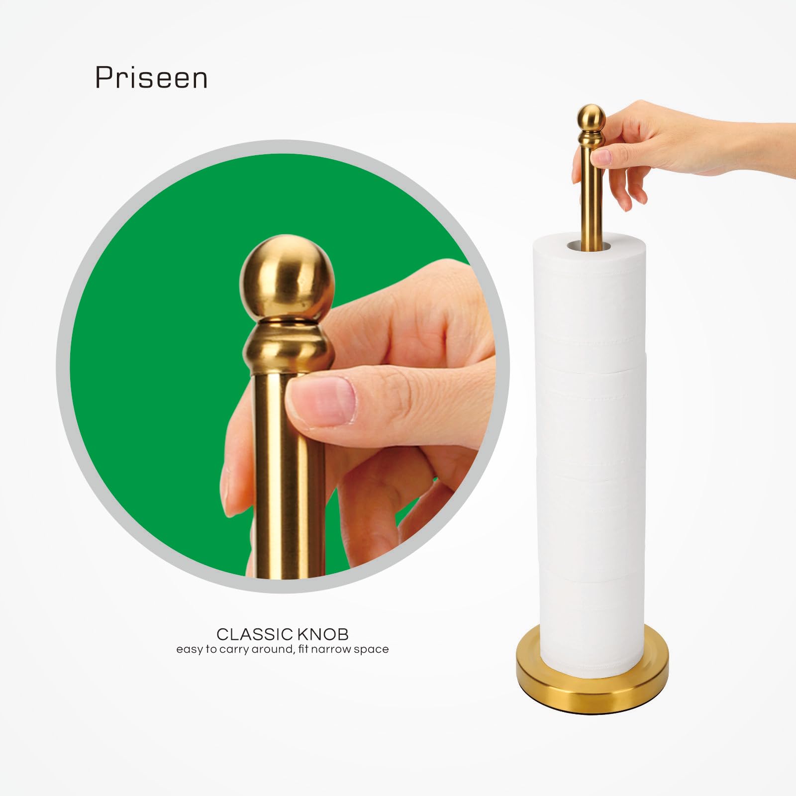 Priseen Toilet Paper Holder Stand Storage 5 Paper Rolls, Gold Freestanding Tp Roll Holder, Stainless Steel (Gold)