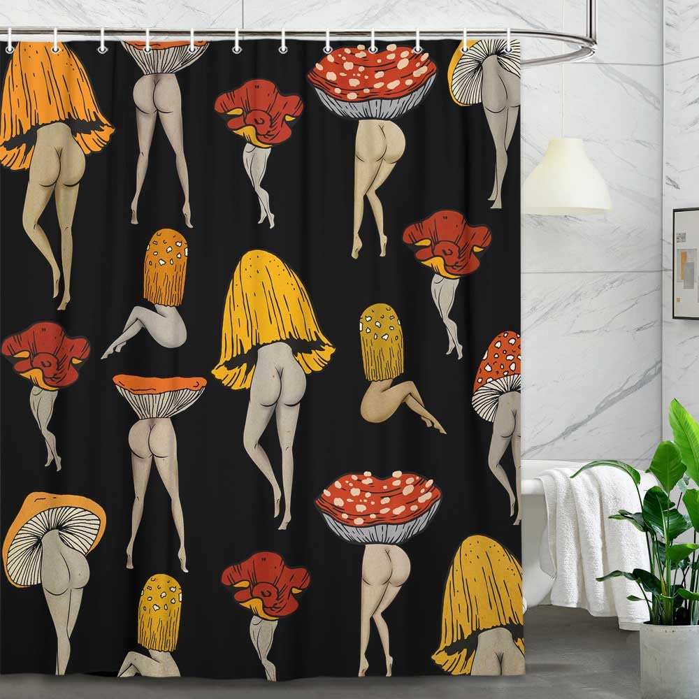 Lacoiime Funny Mushroom Shower Curtain, Cool Black Mushrooms Butt Shower Curtains For Bathroom Cute Fabric 70S Hippie Cottagecor