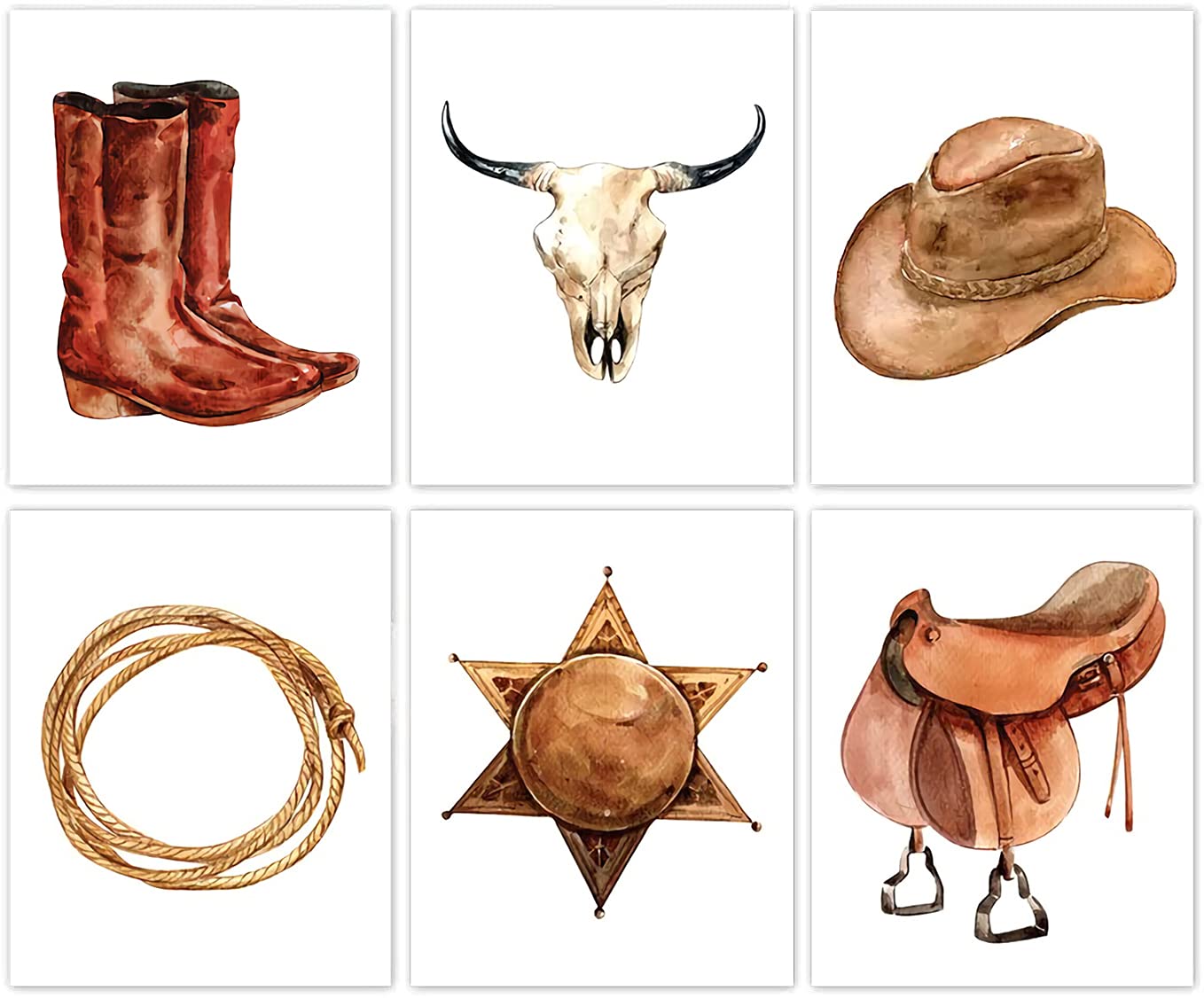 Niio Western Cowboy Wall Art, Cow Skull Canvas Art Decor, West Rodeo Hat And Boots Print For Farmhouse Theme Set Of 6-(8Inchx10I