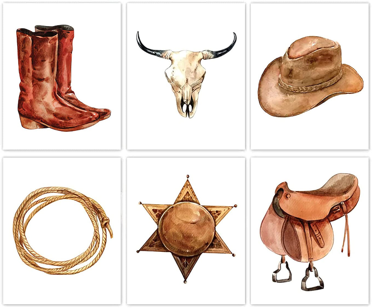 Niio Western Cowboy Wall Art, Cow Skull Canvas Art Decor, West Rodeo Hat And Boots Print For Farmhouse Theme Set Of 6-(8Inchx10I