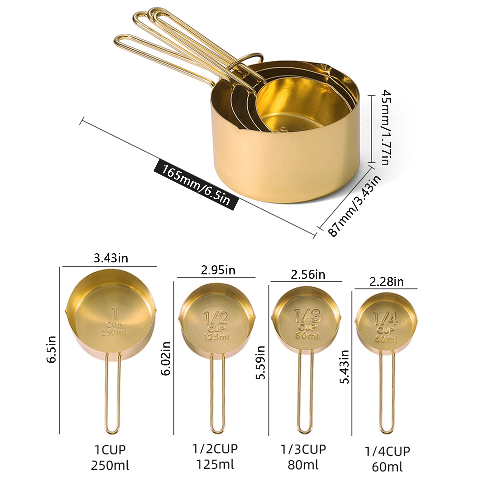 4Pcs Stainless Steel Measuring Cups Set Kitchen Accessories Baking Tea Coffee Measuring Tools (Gold-4Pcs)