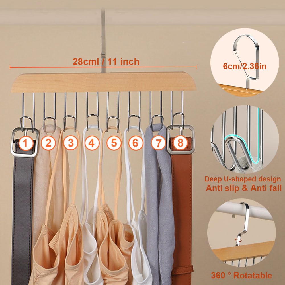 Plowatxi Belt Hanger For Closet 2 Pack Belt Hanger With 16 Hooks, Sturdy Wooden Non-Slip Belt Holder For Closet Space Saving Bel