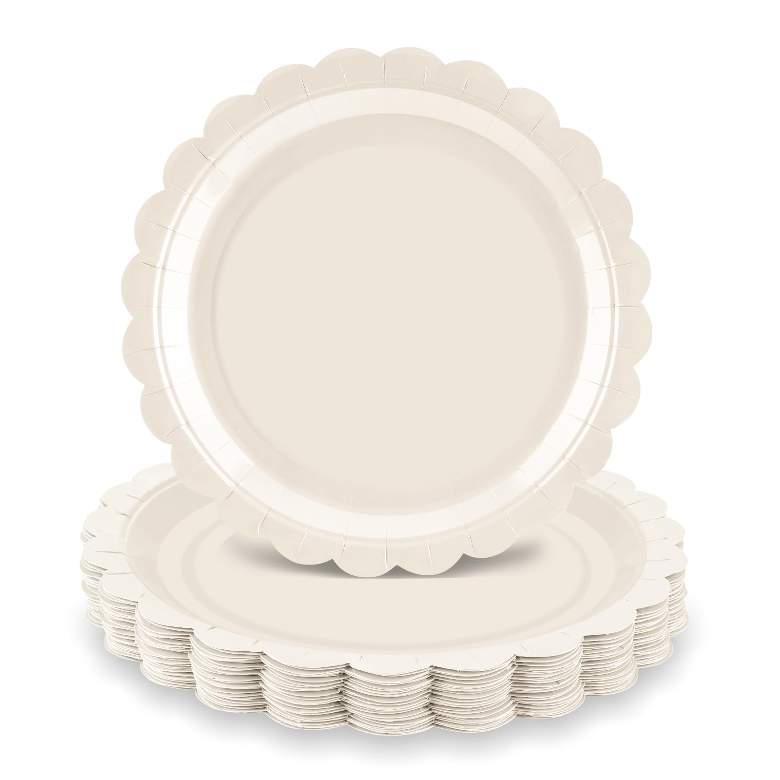 LRQSM 50 Pcs Lvory Paper Plates 9 Inch Disposable Scalloped Dinner Plates Lvory Dessert Plate Party Plate for Baby Shower, Weddi