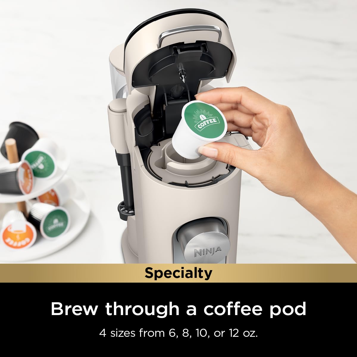 Ninja Specialty XL Single-Serve Coffee Maker, 68 oz, K-Cup Compatible, Built-In Milk Frother, Model PB055AST, XL Stone