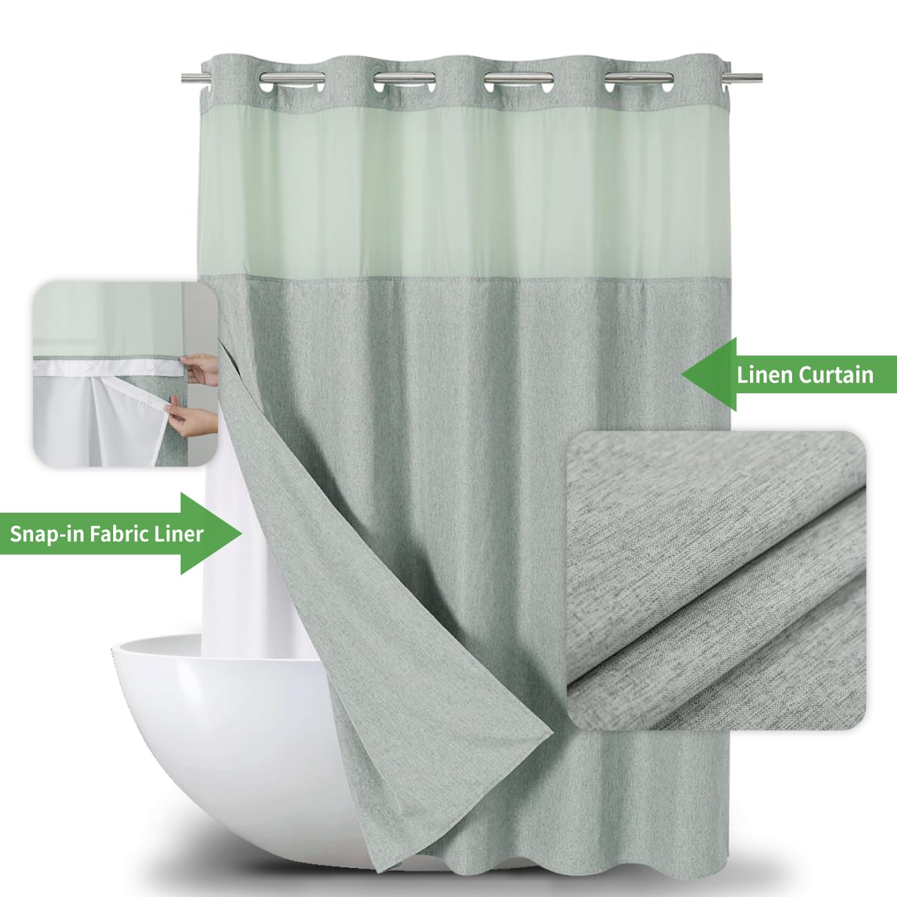 Eachope No Hooks Needed Linen Textured Shower Curtain With Snap-In Fabric Liner Set,Hotel Luxury Decor Shower Curtains For Bathr