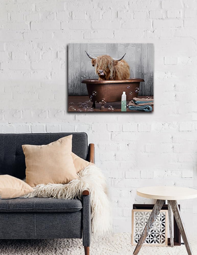 Highland Cow Wall Art Bathroom Decor Cow In Bathtub Canvas Print Longhorn Picture Farmhouse Wall Decor Stretched And Framed 16X2